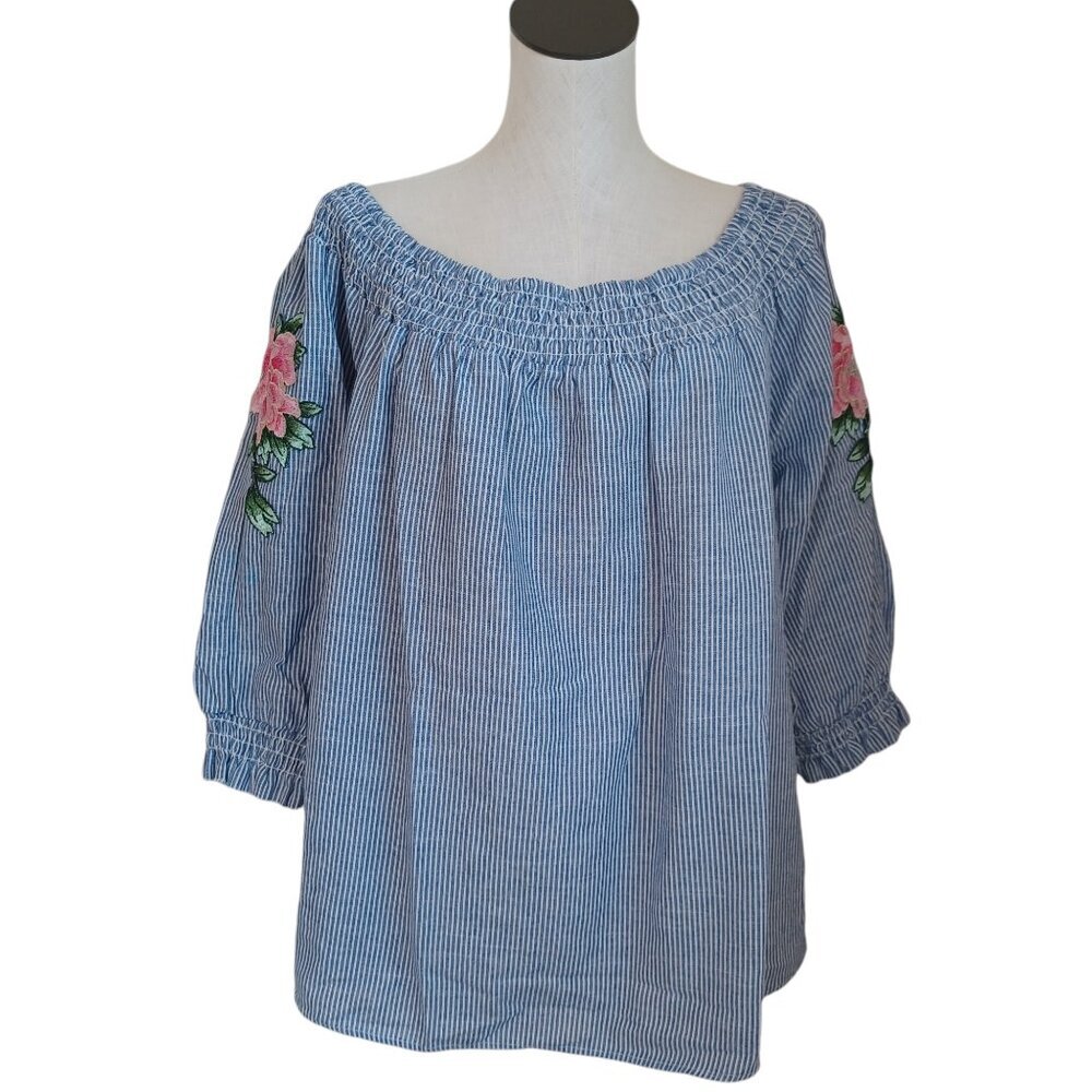 Unique Spectrum Top Embroidered Floral Stripe On Off Shoulder Boho Womens 3X